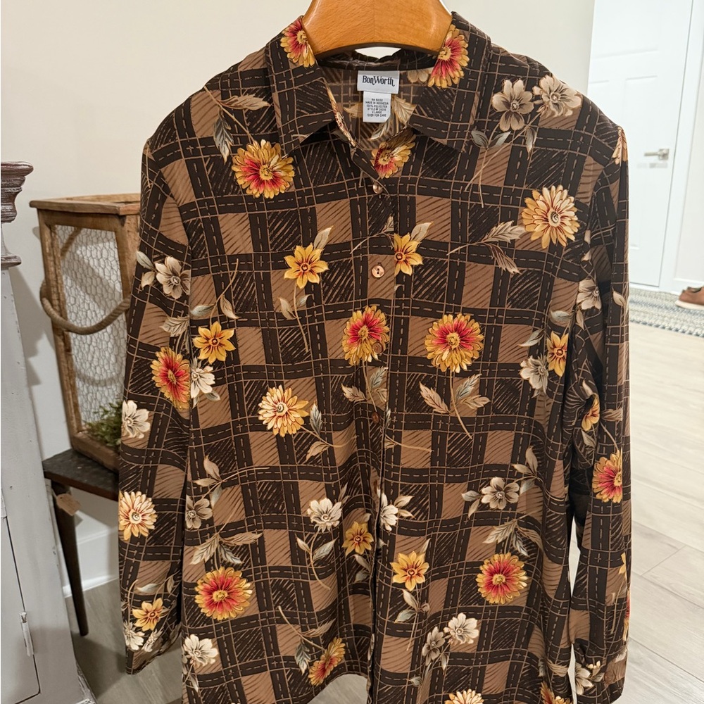 Vintage 90s BonWorth Brown Floral Blouse